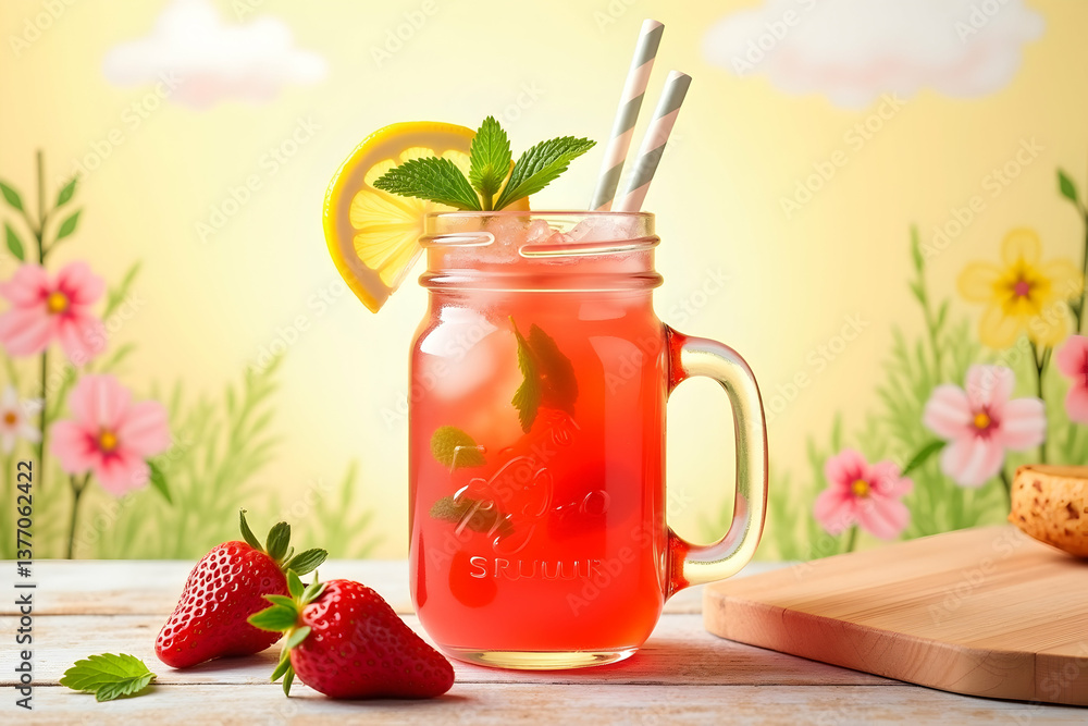 A refreshing glass of vibrant iced strawberry lemonade with lemon and mint garnish, complemented by fresh strawberries on a light wooden surface and a blurred floral backdrop