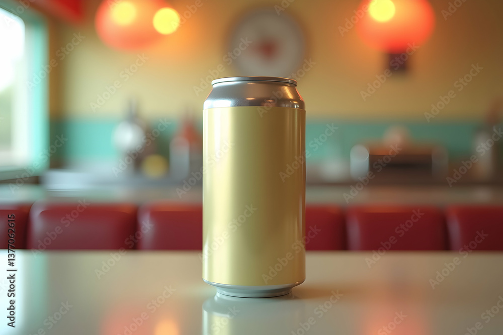 A Retro-Style Soda Can Mockup in a Diner Setting, Showcase Your Beverage Brand with this Highly Detailed, Blank Template Perfect for Advertising and Design Projects A Retro-Style Soda Can Mockup in a Diner Setting, Showcase Your Beverage Brand with this Highly Detailed, Blank Template Perfect for Advertising and Design Projects