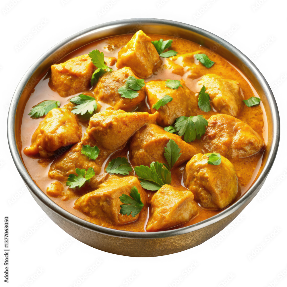 A vibrant bowl of chicken curry garnished with fresh cilantro, showcasing golden pieces of chicken in a rich, creamy sauce. A vibrant bowl of chicken curry garnished with fresh cilantro, showcasing golden pieces of chicken in a rich, creamy sauce.