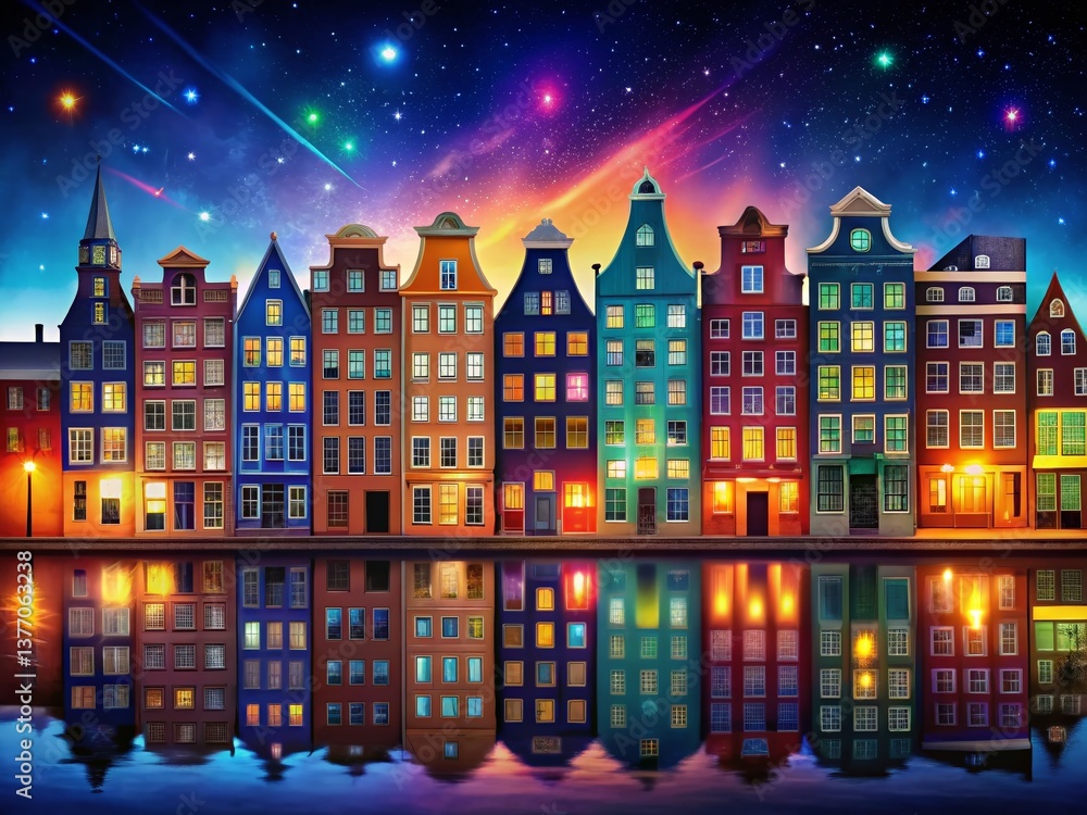 Fototapeta premium Vibrant Night Cityscape: Colorful Buildings and Illuminated Streets