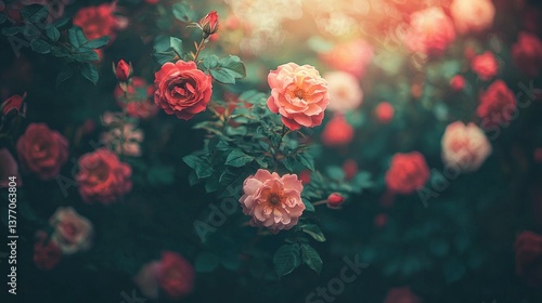 Wallpaper Mural Rose bushes in garden, vibrant blooms, soft sunlight, romantic scene Torontodigital.ca