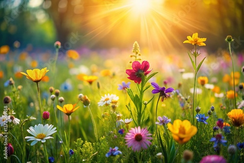 Vibrant Spring Meadow: Blossoming Flowers and Lush Greenery with High Depth of Field