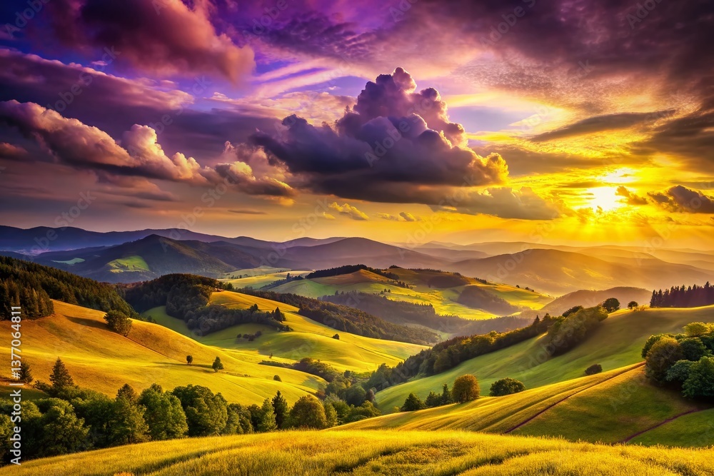 Vibrant Yellow and Purple Sunset Landscape: Serene Nature Scene with Copy Space