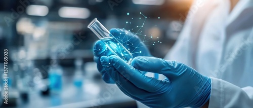 A futuristic holographic digital interface used by researchers for scientific and data visualization with a glowing blue aesthetic.