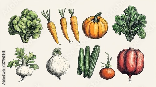 Hand Drawn Vegetable Illustration Collection Fresh Organic Farm Produce Garden Carrots Pumpkins Cucumbers Garlic Onion Tomato Beetroot Greens Healthy Eating Natural Food Illustration Botanical Art    