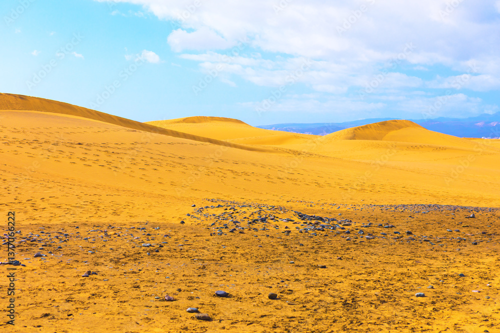Golden dunes stretch under a vibrant blue sky, creating a breathtaking desert landscape. Scattered rocks punctuate the golden sand, adding texture and depth to the desert panorama