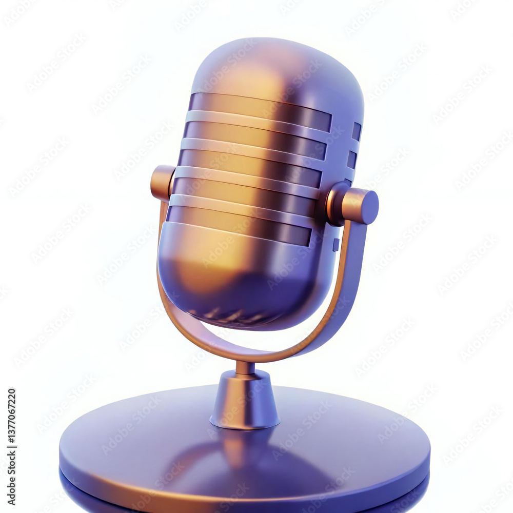 A 3D realistic microphone with a chrome finish, standing on a sleek surface. A 3D realistic microphone with a chrome finish, standing on a sleek surface.