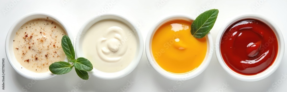 Top view of bowls filled with various sauces. Garlic sauce, mayo, mustard, ketchup. Fresh herbs add touch. Isolated on white background. Ideal for restaurant, culinary, food blogs, take away. Top view of bowls filled with various sauces. Garlic sauce, mayo, mustard, ketchup. Fresh herbs add touch. Isolated on white background. Ideal for restaurant, culinary, food blogs, take away.