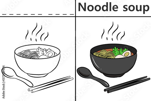 Noodle soup coloring pages for kids and learn to recognize letters, food recognition cards, media for various games in early childhood learning
