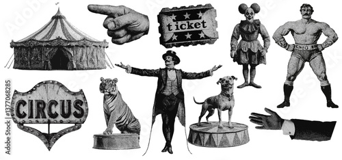 Set of circus entertainment halftone grunge vector design elements