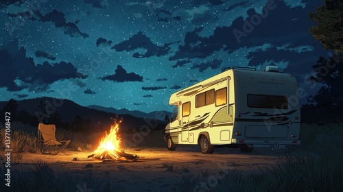Camping Under Starry Night Sky with Rv and Campfire Scene