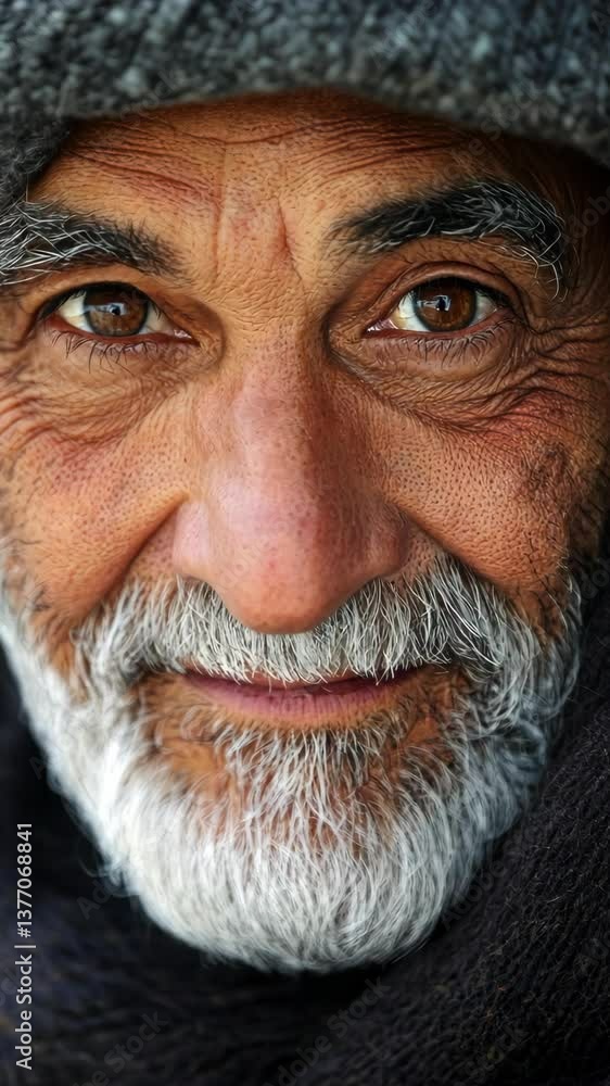 Elderly man with a warm smile and expressive eyes in a close-up during a chilly afternoon Elderly man with a warm smile and expressive eyes in a close-up during a chilly afternoon