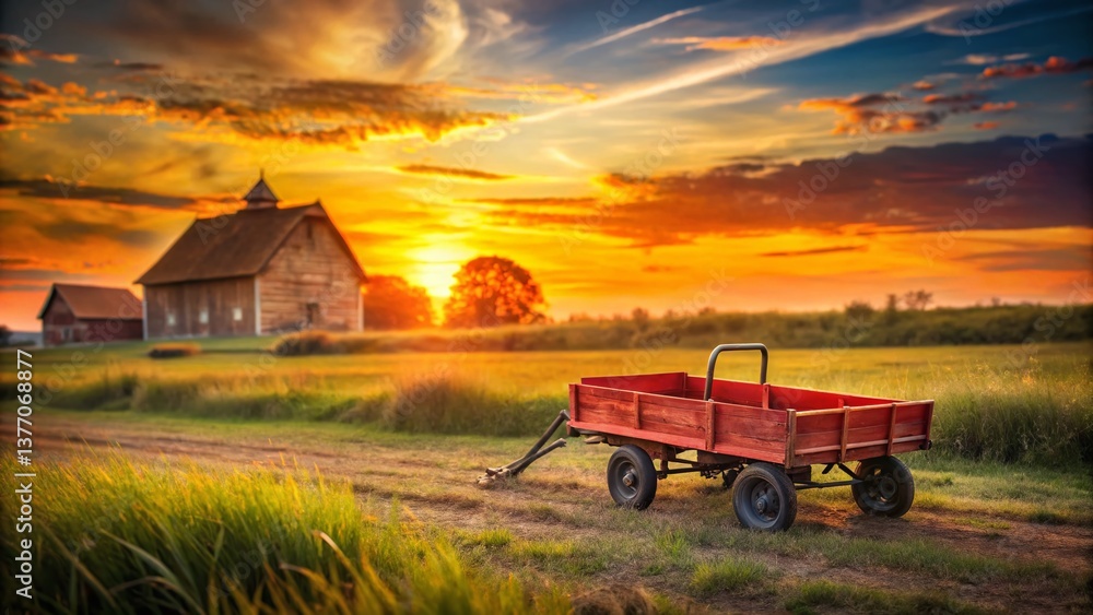 Fototapeta premium Vintage Red Wagon Double Exposure: Rustic Farm Scene & Sunset