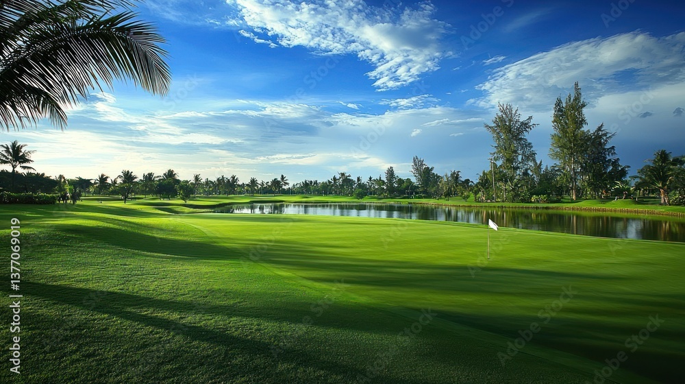 Naklejka premium Serene Golf Course Landscape: Lush Greens, Tranquil Waters, and Palm Trees Under a Summer Sky