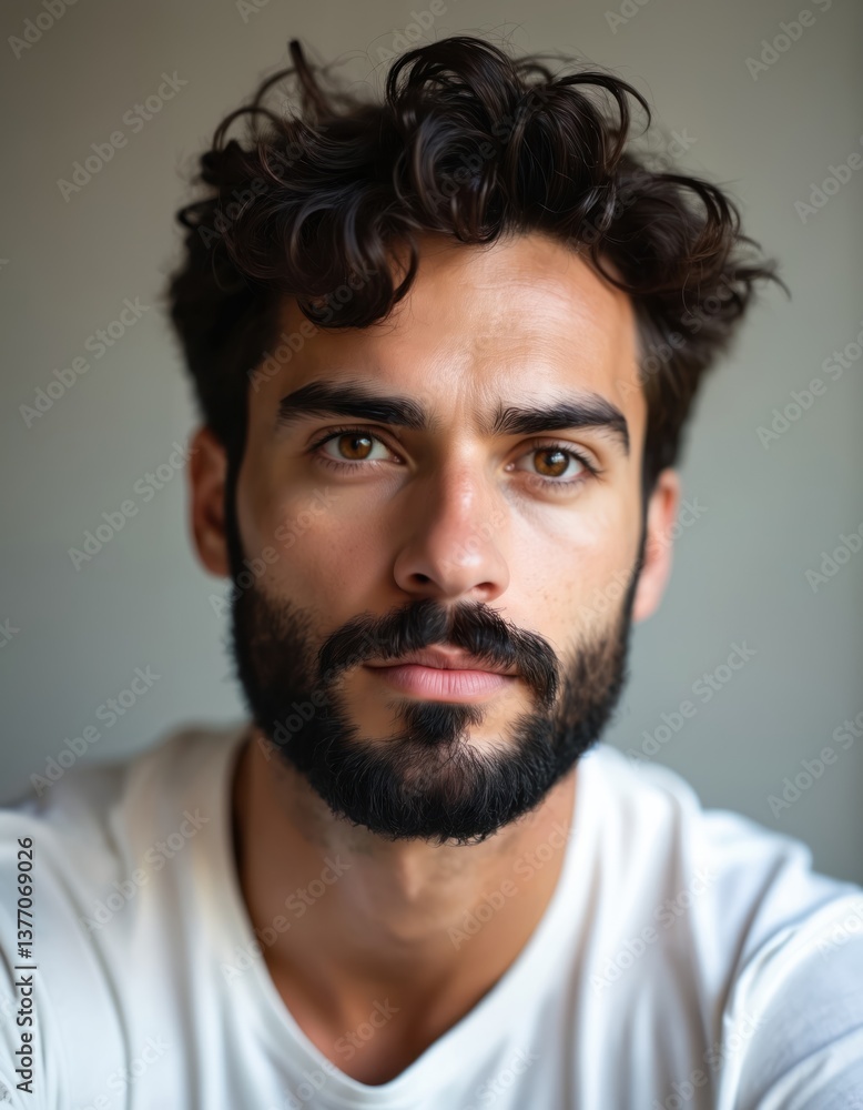 Handsome man with well-groomed beard, deep thoughtful eyes. Man wears white shirt. Represents contemplation, masculinity, style, wisdom. Portrait of a photogenic modern person. Thinking, sharp look. Handsome man with well-groomed beard, deep thoughtful eyes. Man wears white shirt. Represents contemplation, masculinity, style, wisdom. Portrait of a photogenic modern person. Thinking, sharp look.