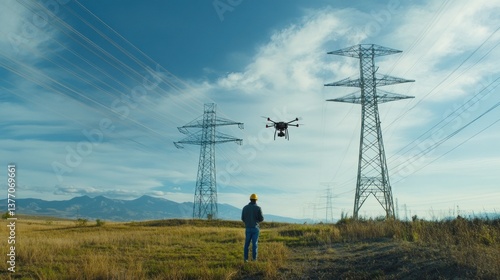Engineer Flying Drone Inspecting High Voltage Power Lines in Open Field