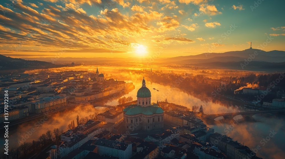 Fototapeta premium Salzburg Sunrise Cityscape Aerial