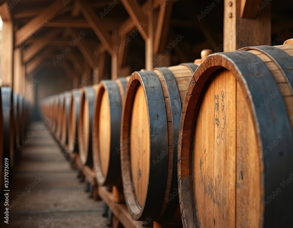 Wooden barrels with whiskey aging process in distillery cellar. Spirit fermentation, maturation storage. Traditional craftsmanship, alcohol beverage production. Vintage, aged drink. Wooden barrels with whiskey aging process in distillery cellar. Spirit fermentation, maturation storage. Traditional craftsmanship, alcohol beverage production. Vintage, aged drink.