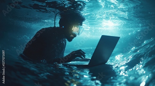 Person Using Laptop Computer Underwater with Diving Mask and Gear