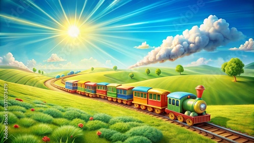 Whimsical Cartoon Train Soaring Above Lush Green Landscape - Drone View