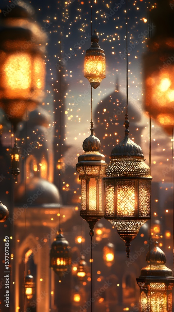 Fototapeta premium Illuminated Lanterns Hang Over Mosque Cityscape