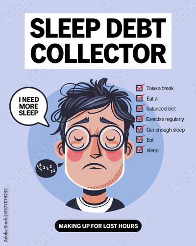 Cartoon illustration of tired man suffering from sleep deprivation, checklist of healthy habits not accomplished, sleep debt concept