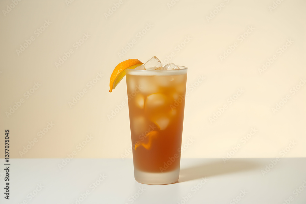 An elegantly presented frosted tumbler filled with refreshing iced earl grey tea garnished with a vibrant orange peel, capturing the essence of a perfect summer beverage An elegantly presented frosted tumbler filled with refreshing iced earl grey tea garnished with a vibrant orange peel, capturing the essence of a perfect summer beverage