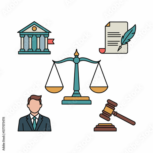 Justice and Law Icon Set: Scales, Gavel, Court Building, Attorney and Legal Documents in vector format