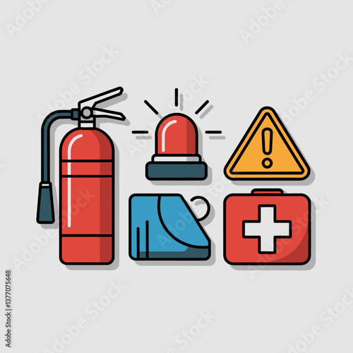 Emergency Safety Vector Illustration: Fire Extinguisher, Alarm, First Aid Kit, and Warning Sign for Health and Safety Concepts