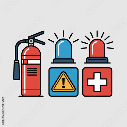 Emergency Icons: Fire Extinguisher, Warning Sign & First Aid Symbol. Vector Illustration of Safety Equipment for Emergency Situations