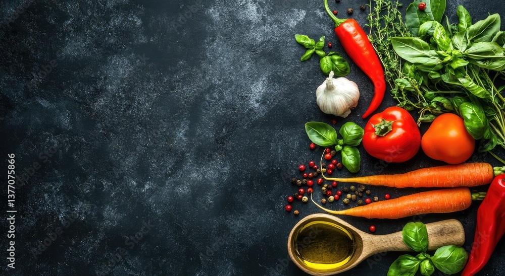 Fresh, colorful vegetables and herbs arranged on a dark background, ideal for a healthy eating concept. A wooden spoon with cooking oil is nestled among the ingredients Fresh, colorful vegetables and herbs arranged on a dark background, ideal for a healthy eating concept. A wooden spoon with cooking oil is nestled among the ingredients