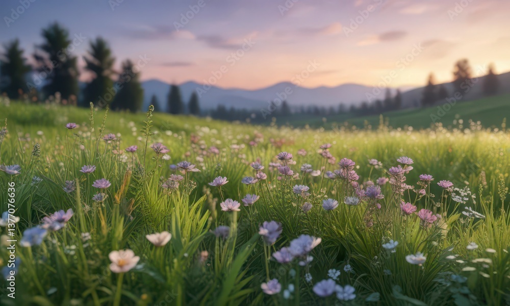 Obraz premium Delicate watercolor flowers in a lush green meadow at dusk, floral, green, garden