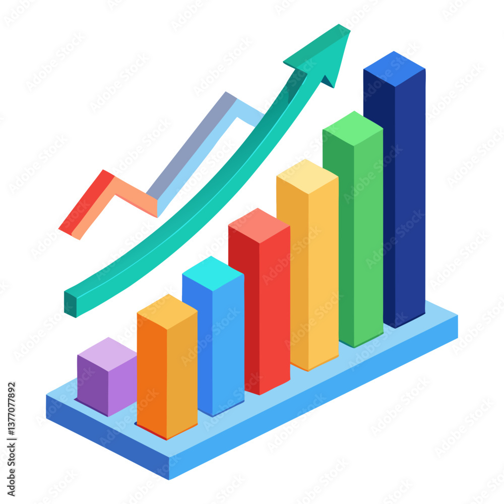 Isometric illustration of a bar graph showing upward growth with a rising arrow, representing business analytics and positive trends. Isometric illustration of a bar graph showing upward growth with a rising arrow, representing business analytics and positive trends.