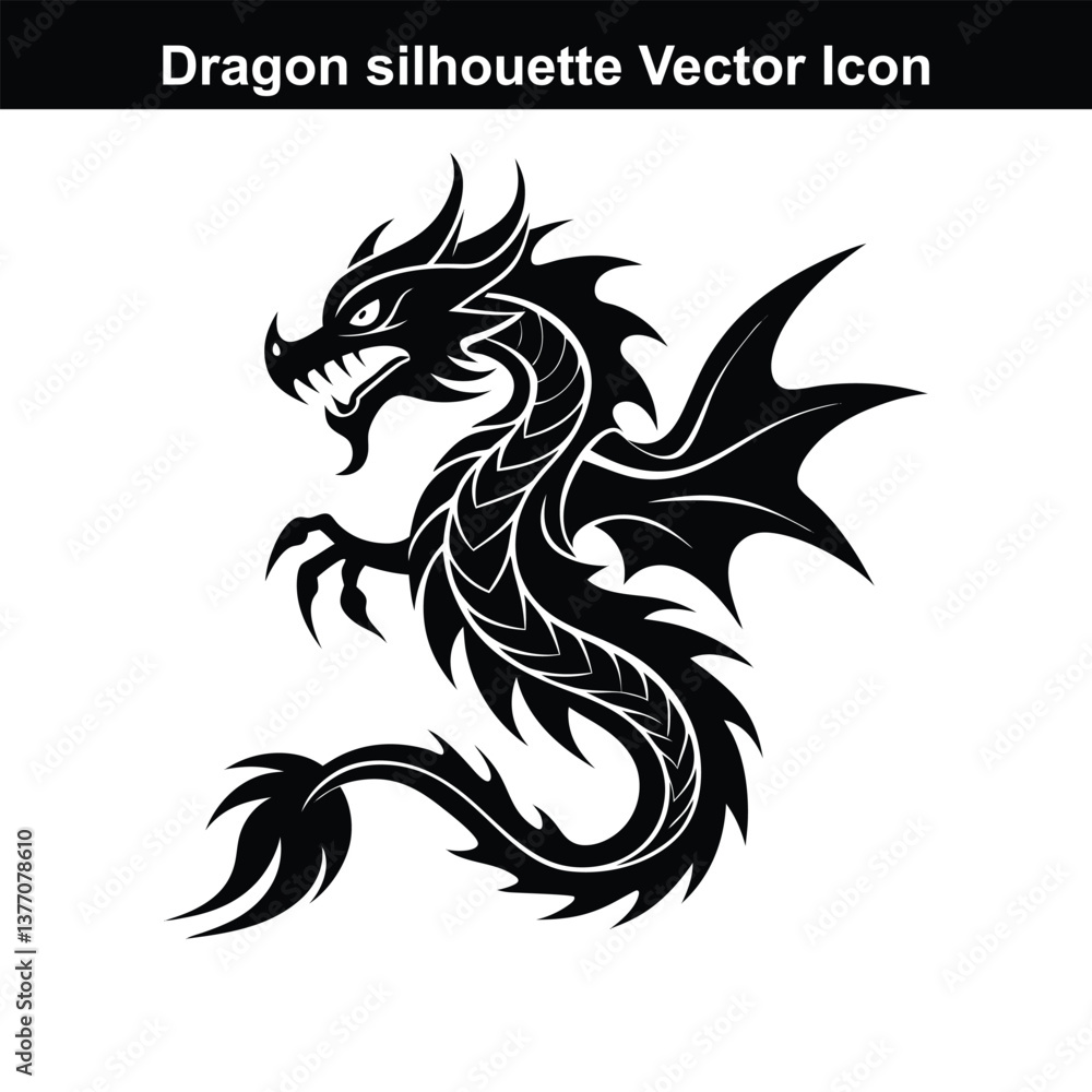 Black and white dragon vector illustration with a mythical and artistic design. Black and white dragon vector illustration with a mythical and artistic design.