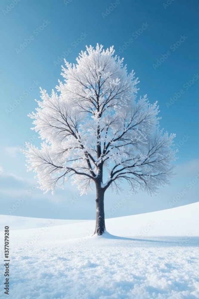 A lone snow-covered tree standing tall in a vast snowy field, snowy field, bare trees, wintry scenery A lone snow-covered tree standing tall in a vast snowy field, snowy field, bare trees, wintry scenery
