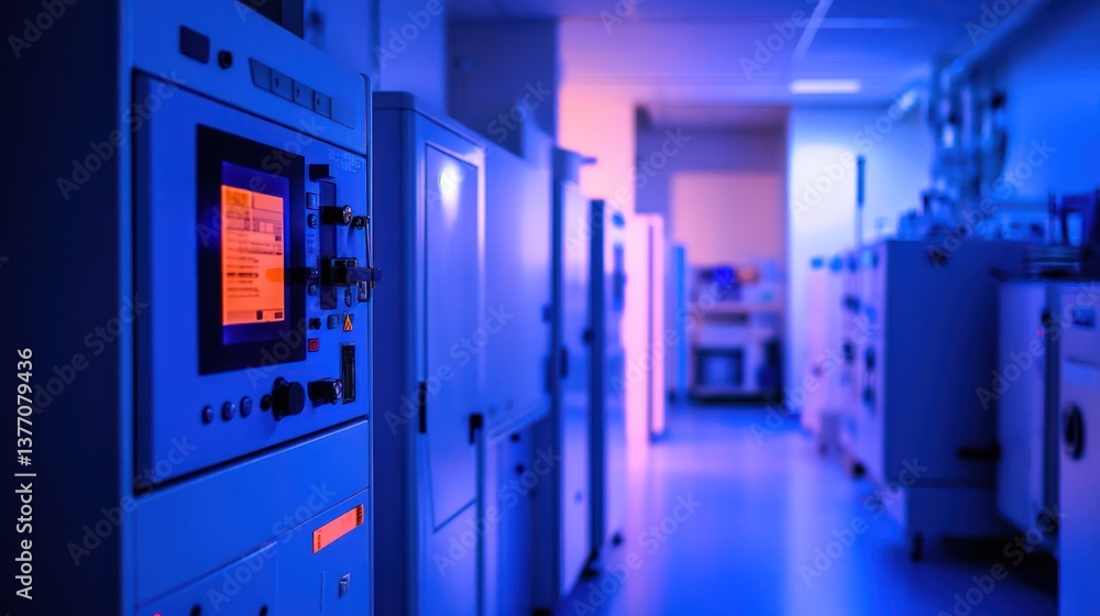 Lab equipment control panel, illuminated corridor, research facility, night Lab equipment control panel, illuminated corridor, research facility, night