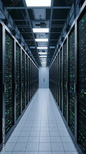 Modern data center aisle lined with illuminated server racks and efficient lighting above, showcasing a network infrastructure setup. Vertical video format.