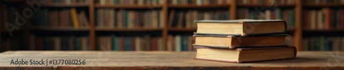 A stack of books placed on a wooden table in an old library, knowledge, library