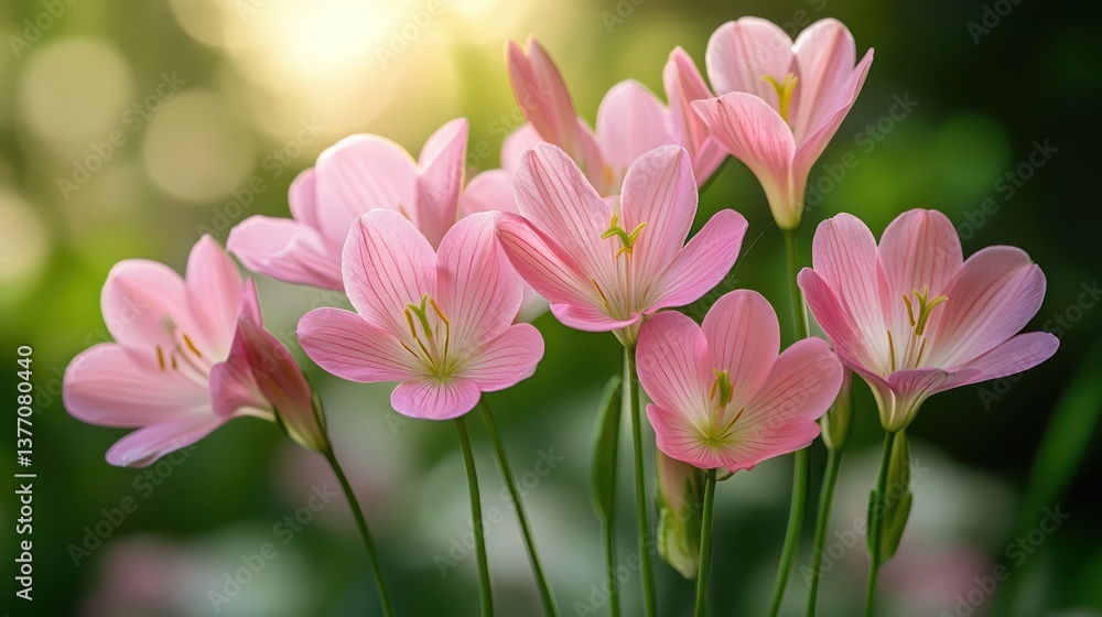 Fototapeta premium Pink rain lilies blooming garden sunset bokeh nature background website
