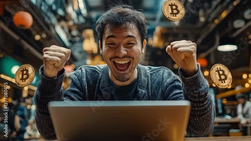 Excitement in a Busy Cafe as a Man Celebrates a Cryptocurrency Win With Joy and Enthusiasm. Generative AI