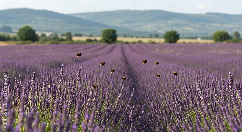 Fototapeta premium Vibrant Purple Lavender Field with Bumblebees in Flight Under a Bright Sky