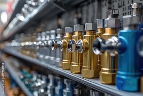 Close-up of shiny metal valves in various colors on display in a hardware store.