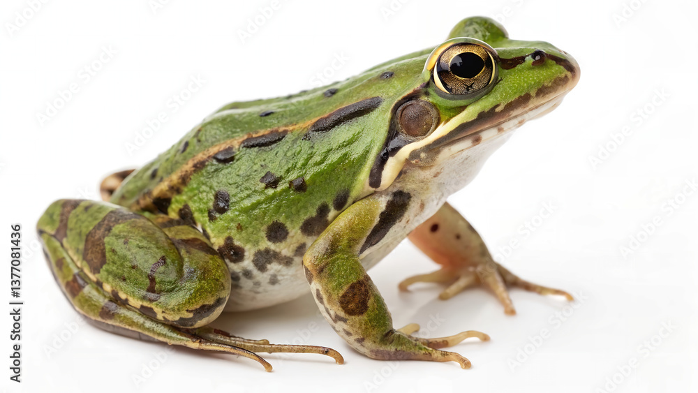 Side View of a Green Frog with Brown Spots on White Background