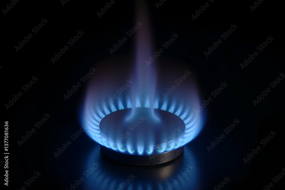 Captivating close-up of a vibrant blue gas flame in the kitchen, showcasing clean energy and precise control for culinary excellence and home comfort