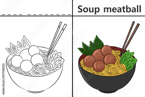 Soup meatball coloring pages for kids and learn to recognize letters, food recognition cards, media for various games in early childhood learning