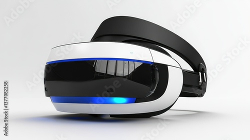 High-contrast virtual reality headset in black and white with blue accents, designed for a modern look.