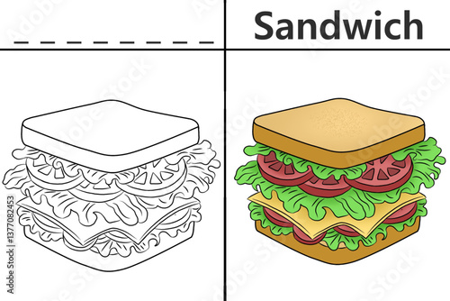 Sandwich coloring pages for kids and learn to recognize letters, food recognition cards, media for various games in early childhood learning