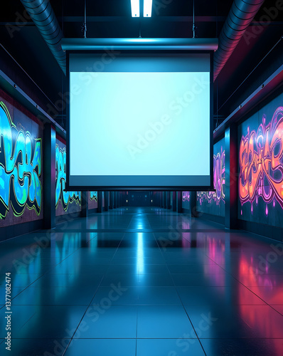 Captivating Dimly Lit Futuristic Underground Metro Station Tunnel Displaying Graffiti Art and a Suspended Blank Screen for Advertising or Content Presentation