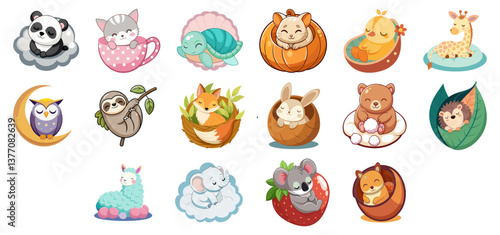 A collection of small, cute illustrations featuring various animals in whimsical settings or objects.