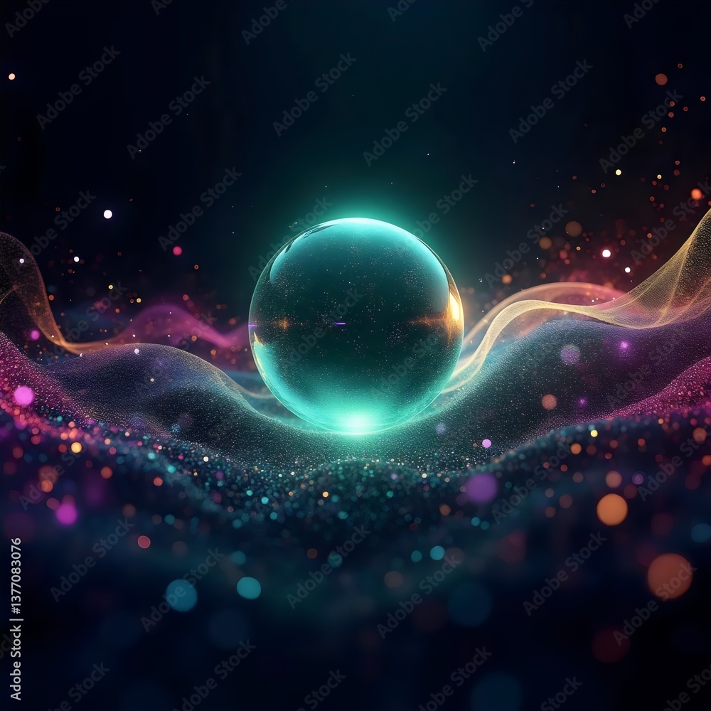 Glowing Aqua Sphere Orb Floating Above Abstract Landscape of Colorful Light Particles and Energy Waves Glowing Aqua Sphere Orb Floating Above Abstract Landscape of Colorful Light Particles and Energy Waves